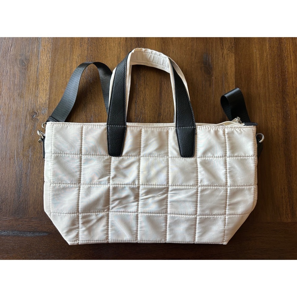 Coco + Carmen Puffer Tote Bag Cream Black Quilted Shoulder Crossbody Handbag